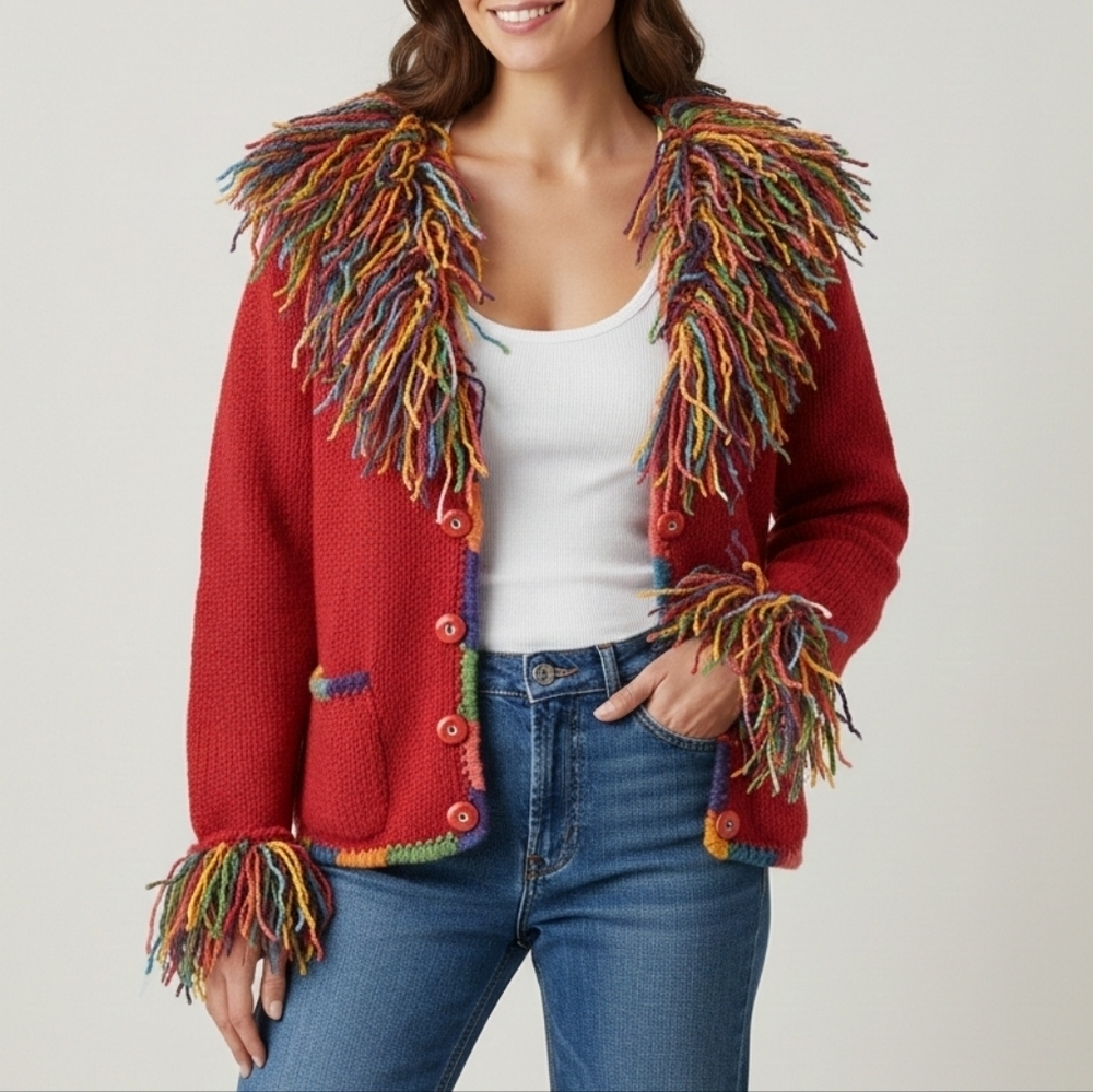 Invisible World 100% Wool Hand Knit Cardigan - Made in Bolivia - Picture 2 of 15